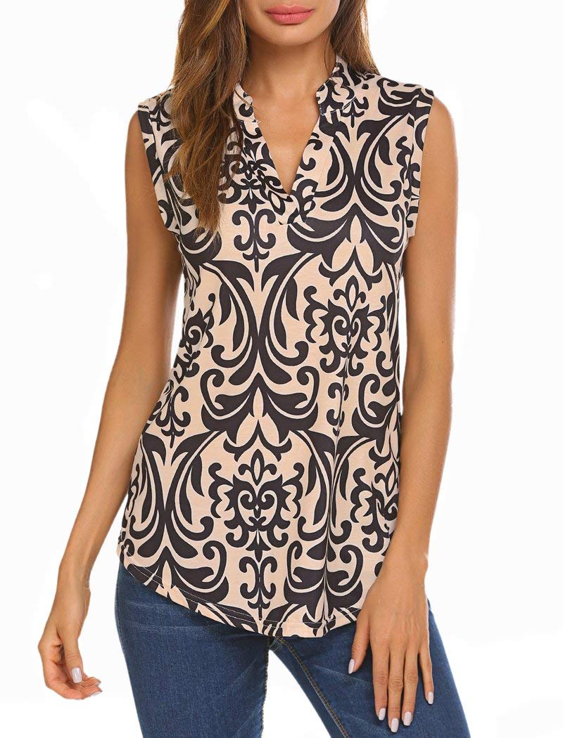 Halife Womens Sleeveless Tunic Top, Summer Floral V Neck Casual Office Tank Beige L - Image 4